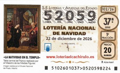 Anverso del décimo 52059 de la Lotería de Navidad 2026, de Huesca